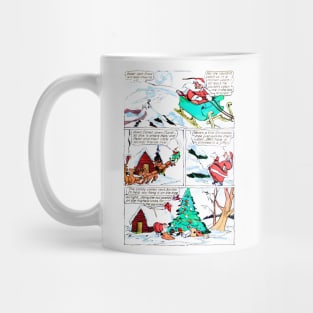 Santa Claus arrives in his sleigh with his reindeer friends to leave the gifts under the snow-filled Christmas tree Retro Vintage Comic Book Mug